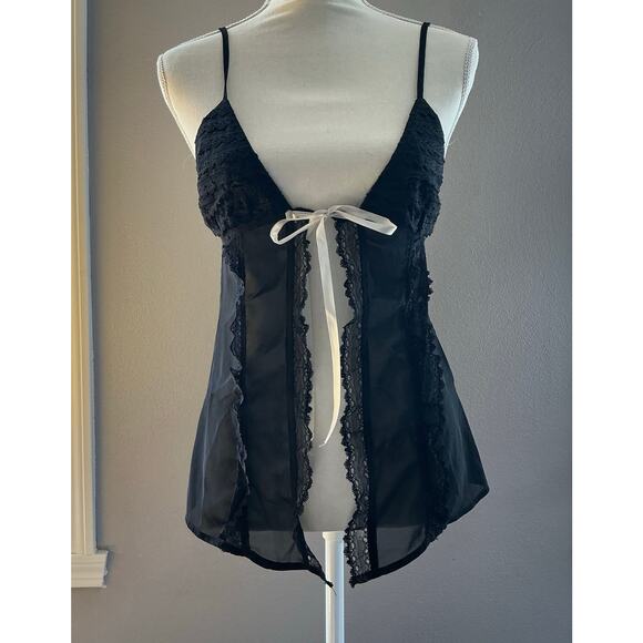 edikted Black Sheer Top Lace Ruffle White Ribbon Tie Split Front - Picture 1 of 10
